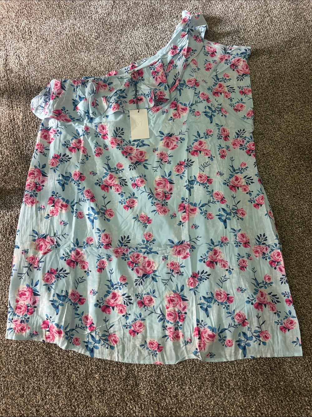 ANDREE BY UNIT Light Blue One-Shoulder Floral Dress with Pink Roses